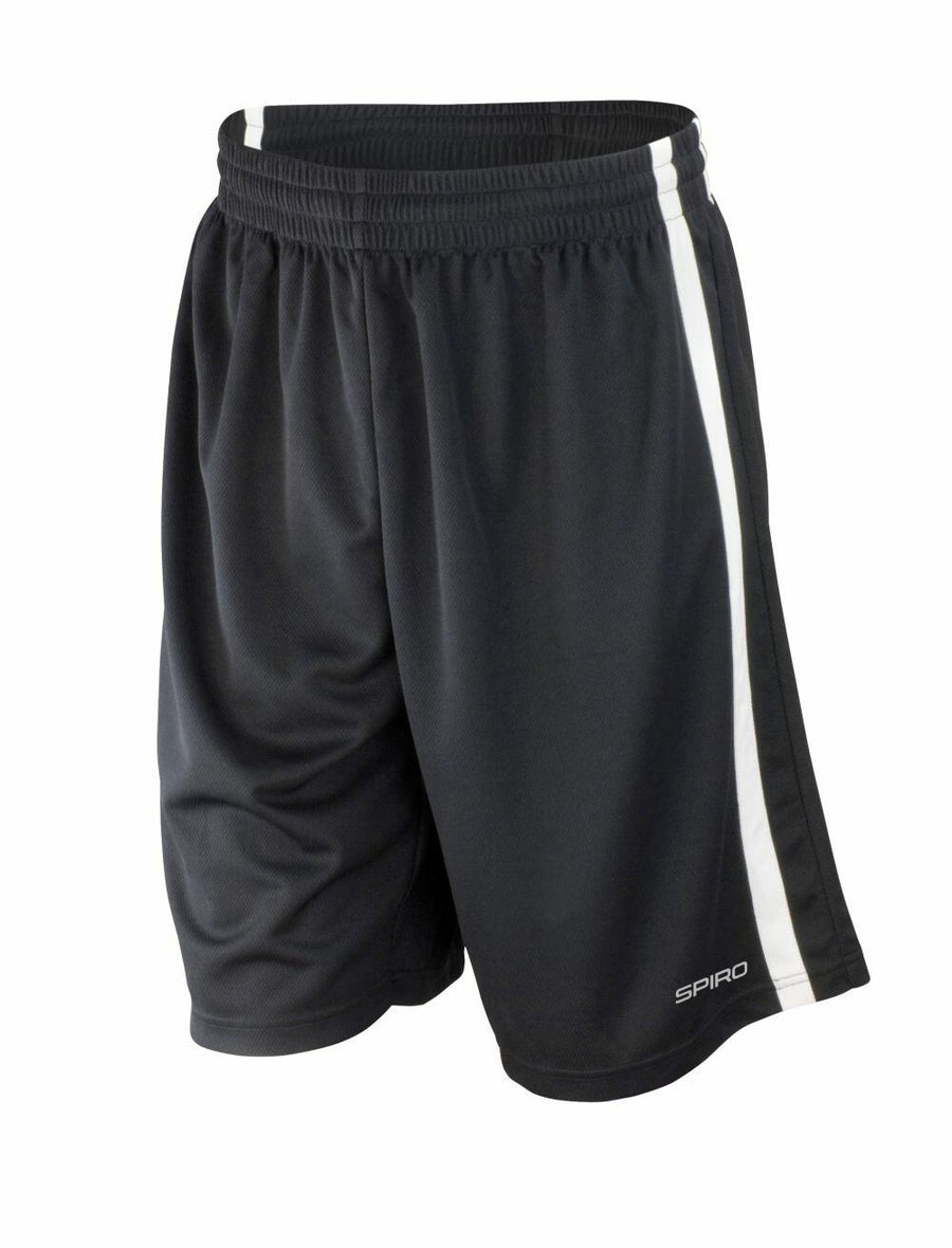 The S279M athletic shorts by Spiro feature a black design with white side stripes and an elastic waistband.