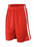 Athletic shorts in red featuring white side stripes and an elastic waistband, with "SPIRO" printed in white near the hem.