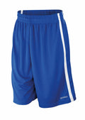 S279M athletic shorts featuring a blue design with white side stripes and an elastic waistband, by Spiro.