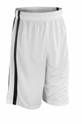The Spiro S279M shorts are white athletic shorts featuring a black vertical stripe down the side. They include an elastic waistband and seem to be made from a lightweight fabric.