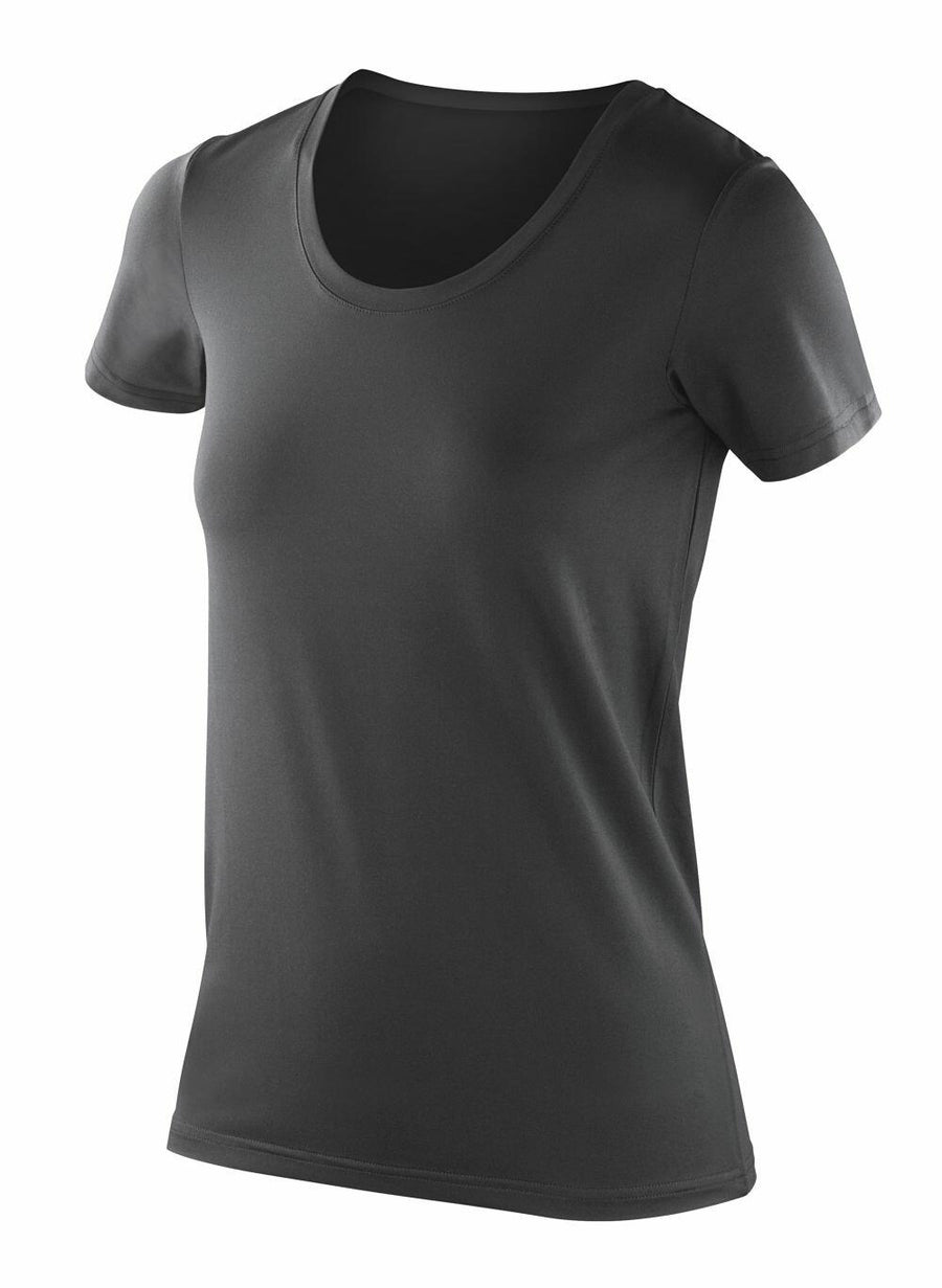 The Spiro S280F is a plain black short-sleeve T-shirt, displayed on a white background.