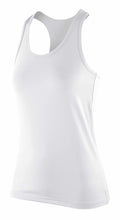 Spiro's S281F white sleeveless athletic tank top, featuring a racerback design, is displayed against a plain background.