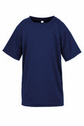 The Spiro S287J T-shirt, featuring a plain navy blue design with short sleeves and a round neckline, is displayed against a white background.