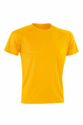 A Spiro S287X t-shirt in a plain yellow color featuring short sleeves, set against a white background. The shirt boasts a simple, classic design that is perfect for casual wear.
