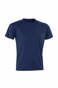 A plain navy blue short-sleeve t-shirt, model S287X by Spiro, is displayed against a white background. The shirt features a classic crew neck and smooth fabric.