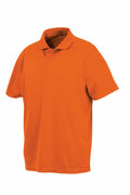 A Spiro S288X orange polo shirt featuring short sleeves and a button-up collar.