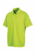 The S288X by Spiro is a bright lime green polo shirt with short sleeves and a collar, displayed against a white background. It features a three-button placket and is crafted from smooth fabric.