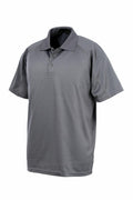 The S288X by Spiro is a gray short-sleeve polo shirt featuring a collared neckline and three buttons. The fabric has a smooth, slightly shiny finish, making it ideal for casual or semi-formal occasions. This shirt is showcased against a plain white background.