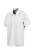 Spiro's S288X is a white, short-sleeved polo shirt that features a classic collar and a three-button placket on a plain background.