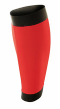 The Spiro S290X is a compression calf sleeve featuring red fabric with black elastic bands at the top and bottom, engineered to provide athletic support and enhance performance.