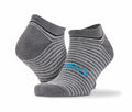 Spiro's S295X ankle socks, featuring gray and black stripes with blue text on the sole.