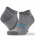 The Spiro S295X is a pair of gray ankle socks with dark gray and light gray stripes, featuring a blue logo on the top.