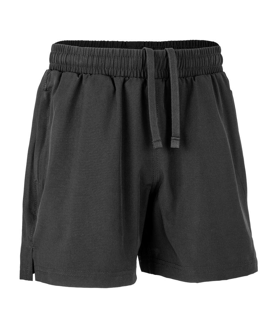 The shorts are plain black athletic shorts with an elasticated waistband, drawstring, side pockets, and a relaxed fit, shown against a white background.