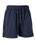 Navy blue shorts featuring an elasticated waistband, drawstring, and side pockets, shown against a white background.