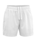 Shorts: Plain white athletic shorts featuring an elasticated waistband and a drawstring, displayed from the front on a white background.