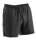 Shorts: Black athletic shorts with an elasticated waistband, drawstring, relaxed fit, and small side slits at the hem, shown on a plain white background.