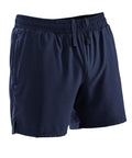 The shorts feature a navy blue design with an elasticated waistband, drawstring, and side slits for easy movement. Made from lightweight, breathable fabric.