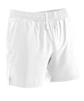 Shorts: White athletic shorts featuring an elasticated waistband with drawstring, side slits at the hem, and a simple, unadorned design made from lightweight fabric.