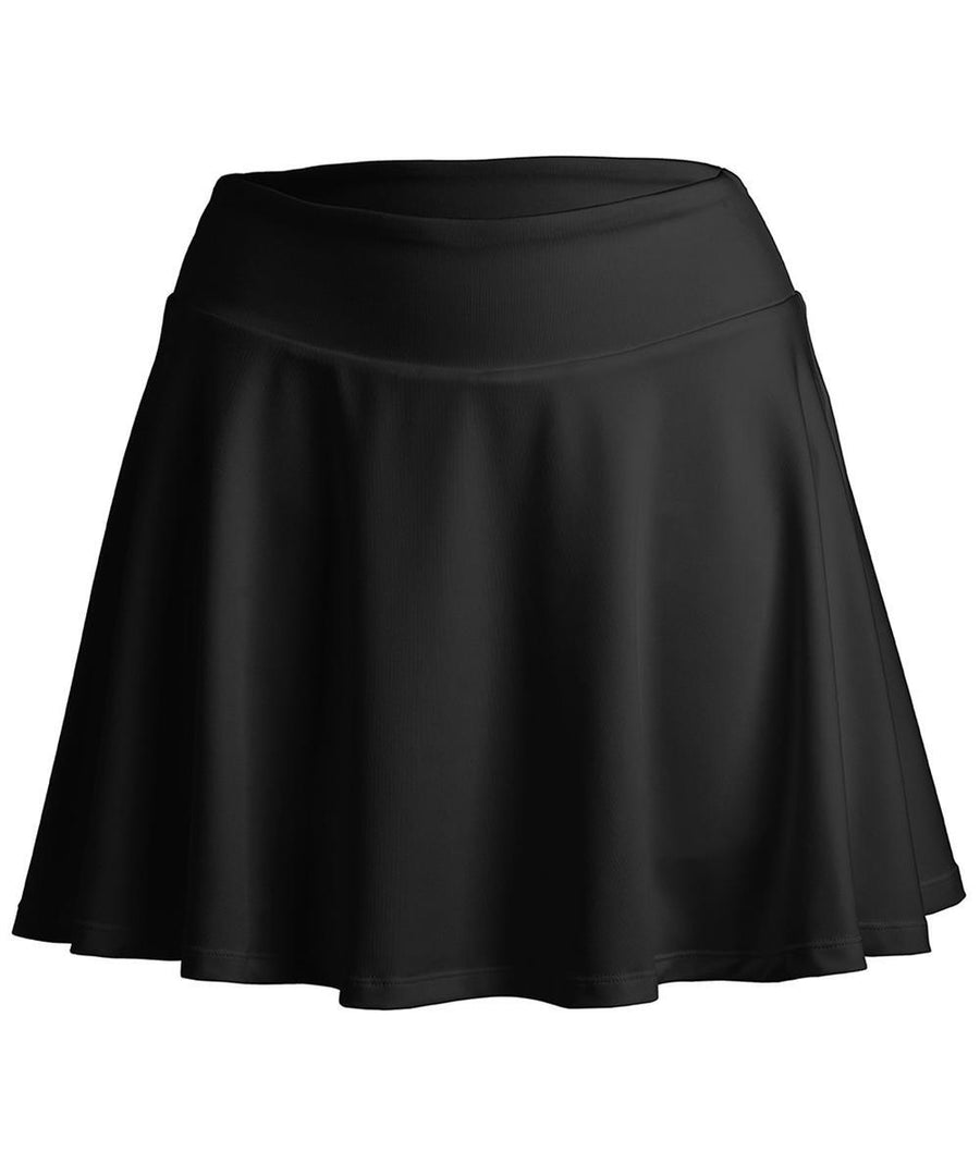 A knee-length, black A-line skirt called "Skirts" features a wide, fitted waistband and flared hem, shown on a white background.