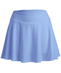 A light blue, knee-length flared skirt with a wide waistband is displayed against a plain white background.