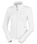 A white long-sleeve zip-up jacket with a stand-up collar, zipped side pockets, and fitted cuffs is shown on a plain background.
