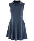 Sleeveless dark blue dresses with a flared skirt, V-neckline, and collar, made from smooth, slightly stretchy fabric. Displayed on a plain white background.