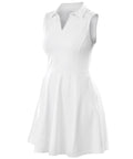 The product "Dresses" is shown on a plain white background, featuring a sleeveless style, collared V-neckline, and flared skirt.