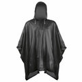 A black Splashmac SC010 hooded rain poncho is displayed flat, showcasing the front with drawstrings and wide sleeves.
