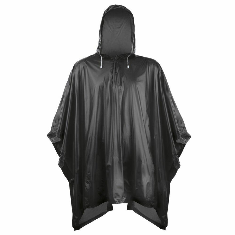 A black Splashmac SC010 hooded rain poncho is displayed flat, showcasing the front with drawstrings and wide sleeves.