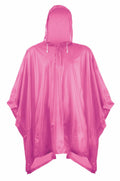 A pink rain poncho from Splashmac, model SC010, featuring a hood and front drawstrings.