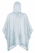 The Splashmac SC010, a light blue waterproof poncho, is showcased against a white background. It features a straightforward design with hood drawstrings and a loose fit, perfect for rainy weather.