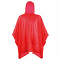 The SC019 by Splashmac is a vibrant red rain poncho featuring a hood, modeled against a simple white backdrop. Its loose and flowing design is crafted from lightweight, waterproof material.
