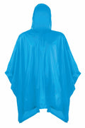 The SC019 rain poncho by Splashmac, featuring a vibrant blue color and hooded design, is displayed from the back against a plain white background. It appears to be made from a lightweight and waterproof material.