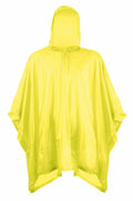 Displayed against a white background is the SC019 by Splashmac, a bright yellow rain poncho featuring an attached hood. It has a smooth texture and is designed to offer full coverage in wet weather conditions.