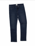 A pair of SD001 by AWDis So Denim in dark blue, featuring a button and zipper closure, five pockets, and belt loops.