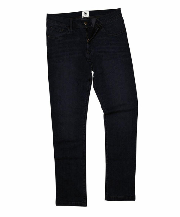 A pair of AWDis So Denim SD001 with a button and zipper closure, featuring front and back pockets.