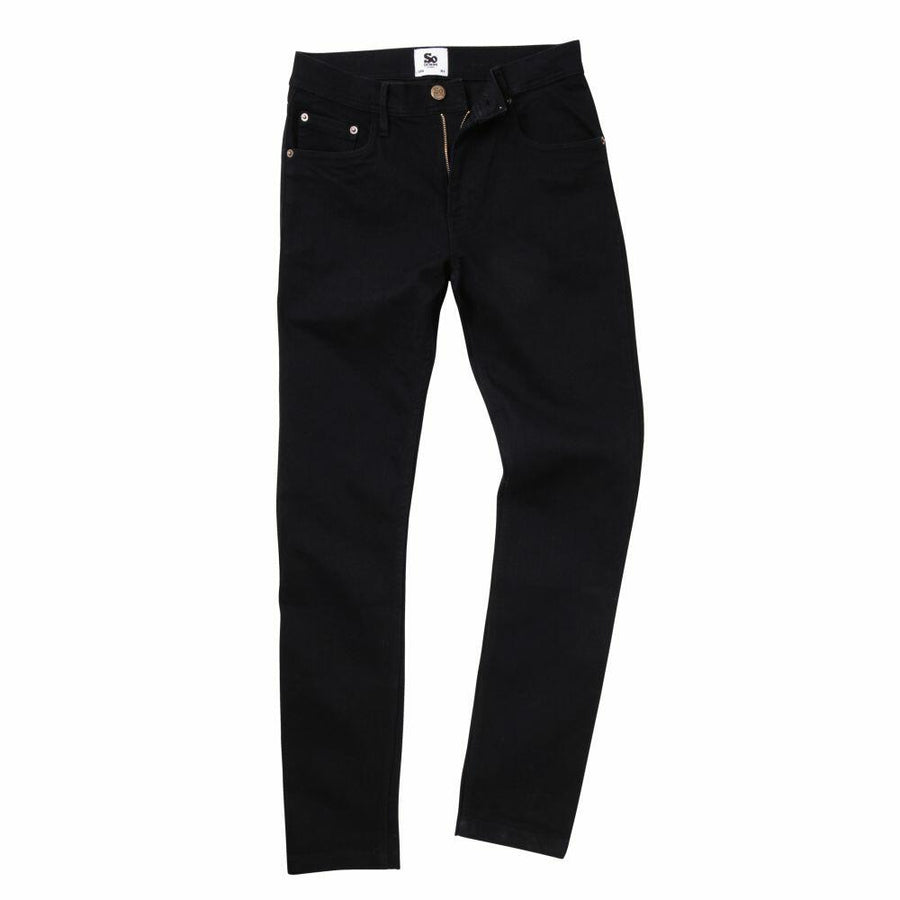 AWDis So Denim SD004 black denim jeans displayed on a white background, highlighted by a button and zipper closure with both front and back pockets.