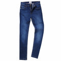 A pair of SD004 blue denim jeans by AWDis So Denim featuring a classic five-pocket design, with a button and zipper closure.
