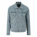 The AWDis So Denim SD060 is a denim jacket featuring a light blue hue, long sleeves, button closure, and two chest pockets.