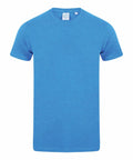 The Skinnifit SF121 product is showcased against a white background. The SF121 features short sleeves and a round neckline, offering a simple and classic design in plain blue.