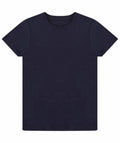 The Skinnifit SF130 is showcased against a white backdrop, featuring a plain dark blue design with short sleeves and a round neckline.