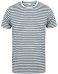 The Skinnifit SF202 t-shirt, featuring gray and white stripes, a white collar, and short sleeves, is displayed laid flat.