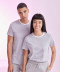 Two people stand next to each other wearing matching grey and white striped shirts. The person on the left has short hair, and the person on the right has long hair with bangs, both showcasing the SF SF202.