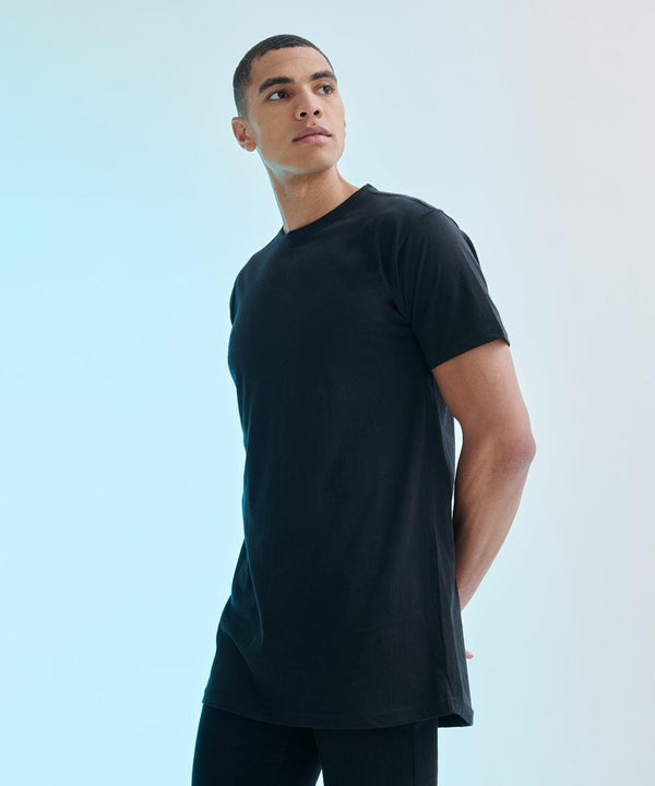 A person with short hair is wearing a plain black SF258 T-shirt by SF and looking to their left, with a light blue gradient background.