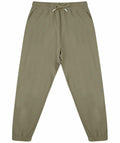 The SF430 by Skinnifit is an olive green jogger pant featuring an elastic waistband and drawstring, along with side pockets and cuffed ankles.