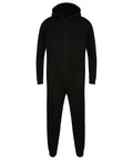 A Skinnifit SF470 black hooded onesie featuring a front zipper and two pockets.