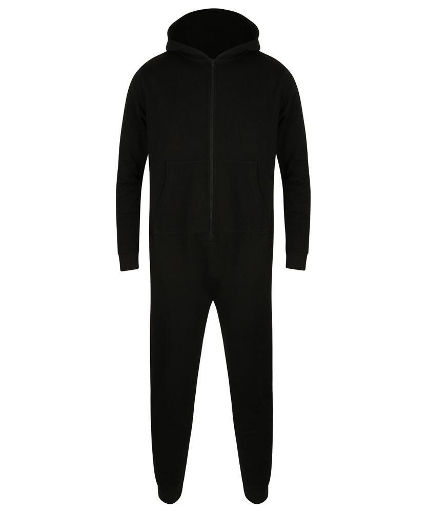 A Skinnifit SF470 black hooded onesie featuring a front zipper and two pockets.