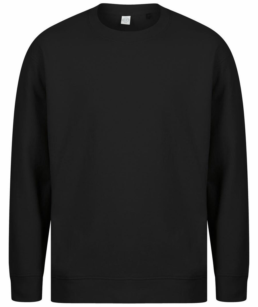 Skinnifit SF530 black crewneck sweatshirt with long sleeves on a plain background.
