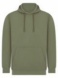 Skinnifit's SF531 olive green hoodie, featuring drawstrings and a front pocket, is showcased against a white background.