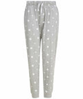 The SFM86 by Skinnifit features gray sweatpants adorned with a white star pattern and an adjustable drawstring waistband.